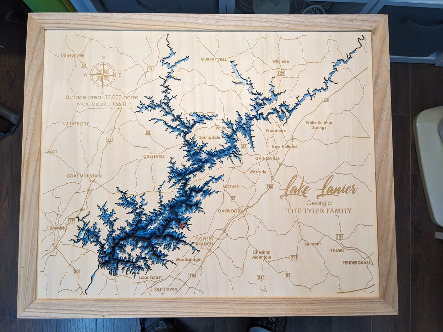Customer photo review of Lake Lanier 3D Wooden Map - Dark Blue - 7 Layers