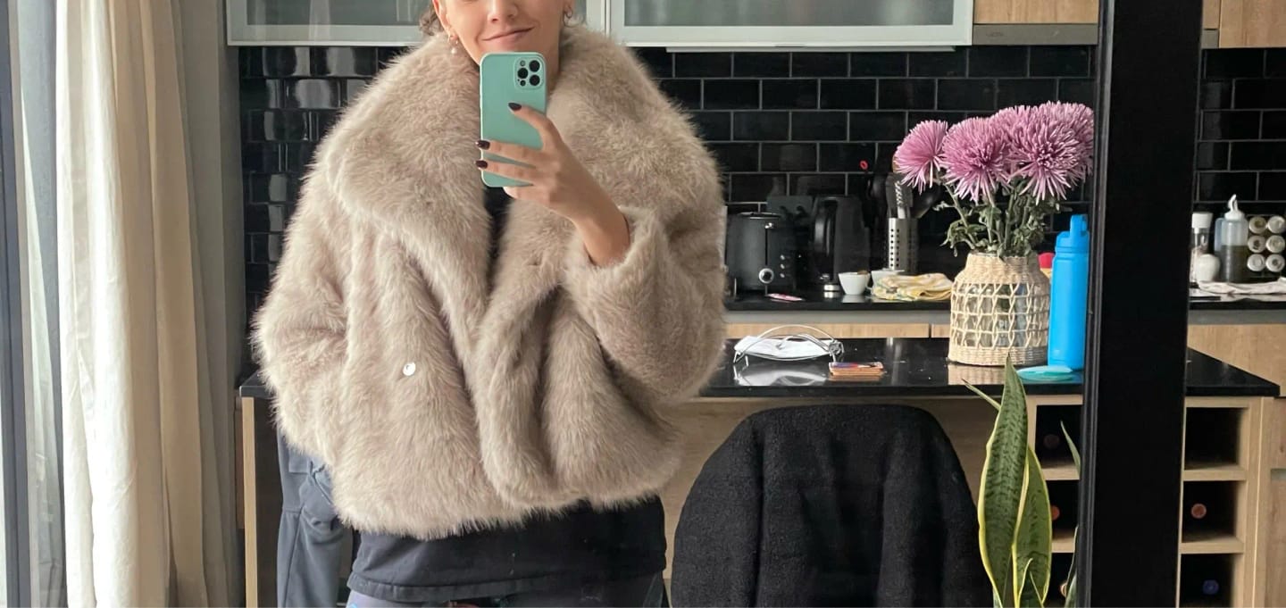 Customer photo review of PRISCILLA LUXE FAUX FUR EVERYDAY JACKET IN BEIGE AND GREY GRADIENT