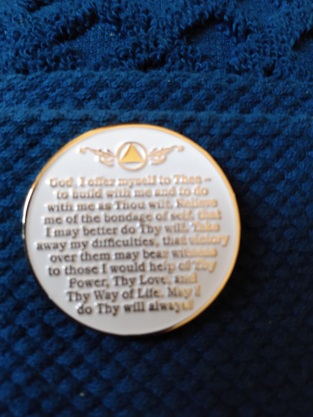 Customer photo review of 38 Year Sobriety Mint Twisted Tree of Life Gold Plated AA Recovery Medallion - Thirty-Eight Year Chip/Coin - White