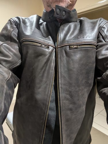 Customer photo review of 'The Rumbler' | Distressed Charcoal Brown Leather | Classic Leather Motorbike Jacket