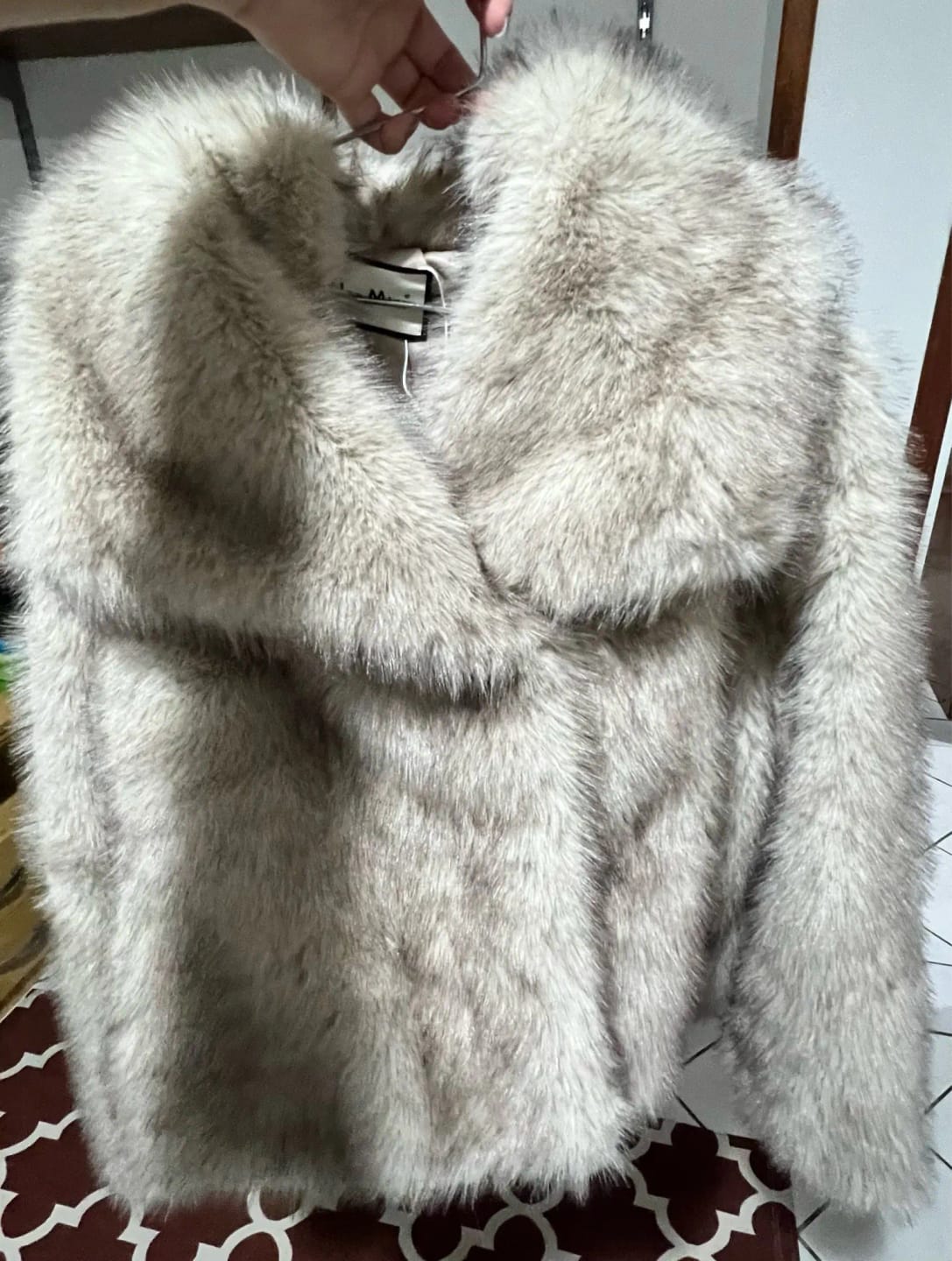 Customer photo review of PRISCILLA LUXE FAUX FUR EVERYDAY JACKET IN BEIGE AND GREY GRADIENT