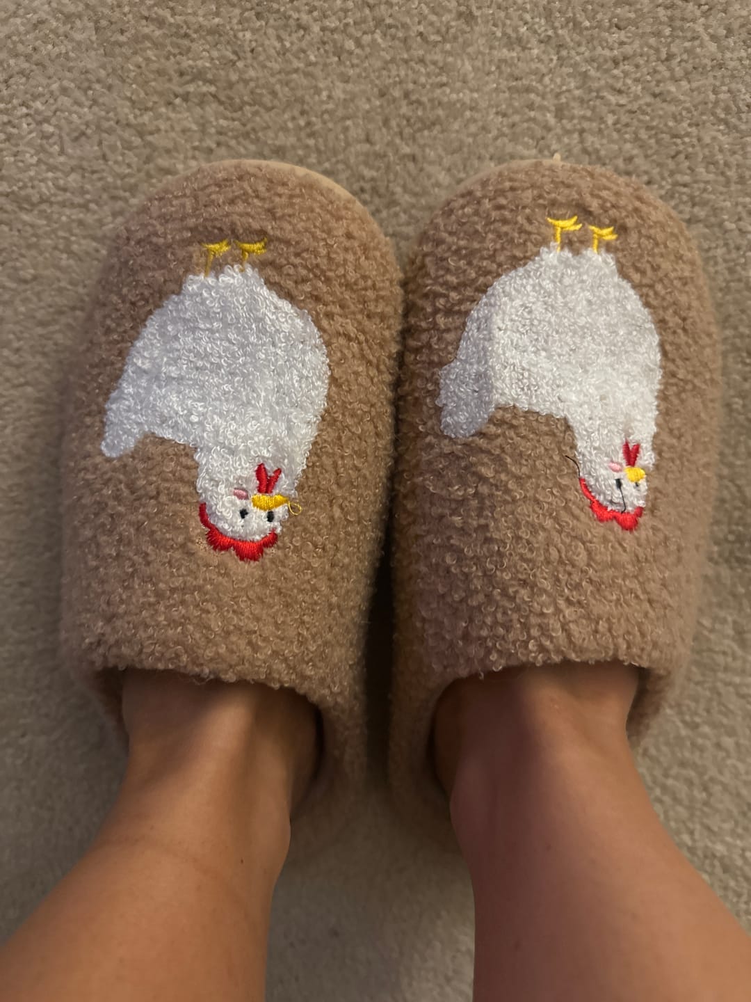 Customer photo review of Brown Fuzzy Chicken Slippers - Adult