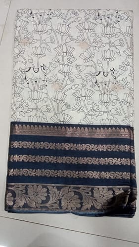 Customer photo review of Off White Floral Printed Dola Silk Saree With Zari Border