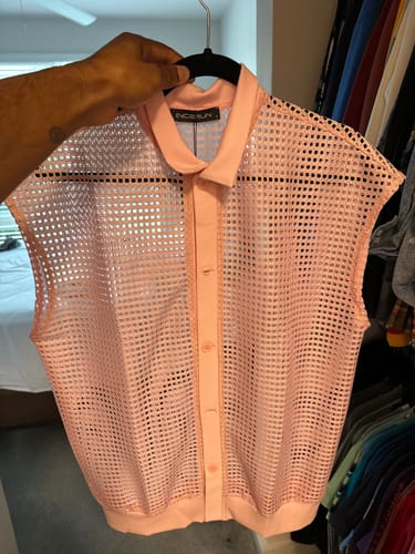 Customer photo review of Mens Solid Mesh See Through Casual Shirt SKUK55783