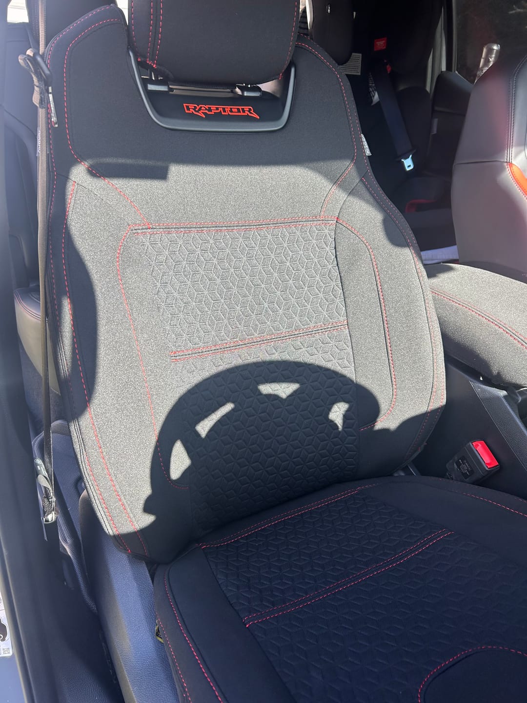 Customer photo review of Ford Next-Gen Raptor Premium Neoprene 2x Front Row Seat Covers (Available)