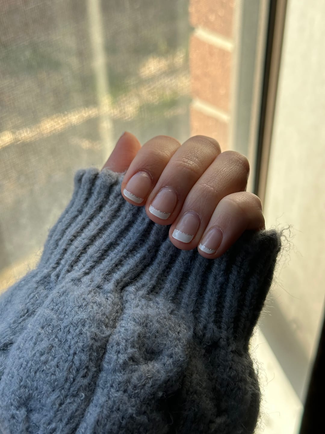 Customer photo review of White French Tip Glitter DIY Semicured Gel Nail Sticker Kit