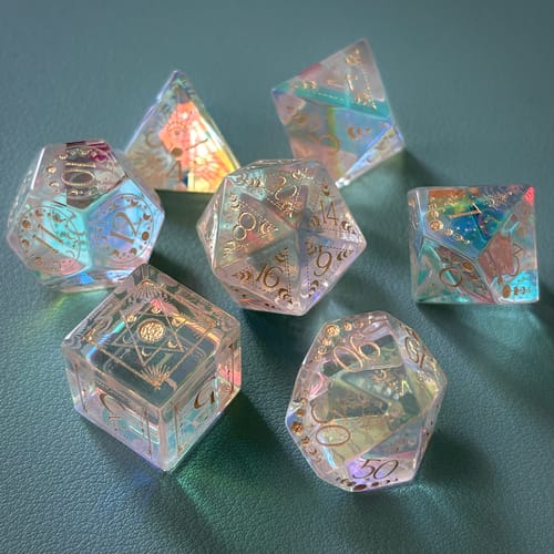 Customer photo review of URWizards D&D Dichroic Glass Engraved Dice Set Lunar Eclipse Gold Inked