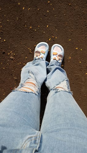 Customer photo review of Distressed Boot Cut Jeans Ice Blue