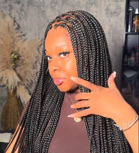 Customer photo review of Kora - Pre Bleached Human Hair Lace Lightweight Knotless Swiss HD Lace Box Braided Wig 100 Strands