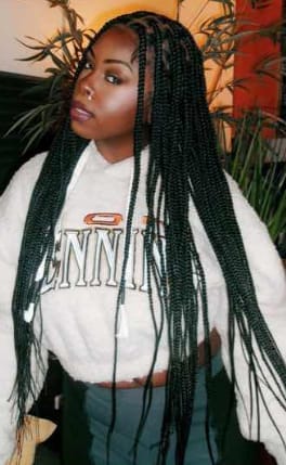 Customer photo review of Kora - Pre Bleached Human Hair Lace Lightweight Knotless Swiss HD Lace Box Braided Wig 100 Strands