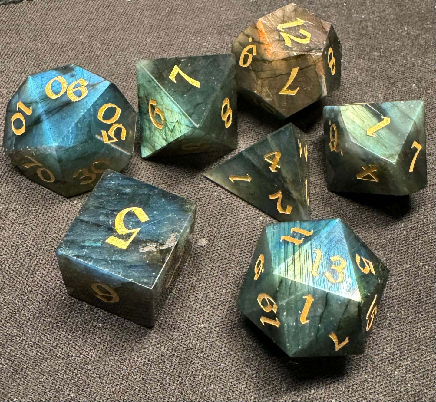 Customer photo review of Labradorite Gemstone Dice (And Box) DND Dice Set