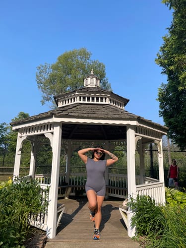 Customer photo review of Charcoal Blue Short Sleeve Backless Romper