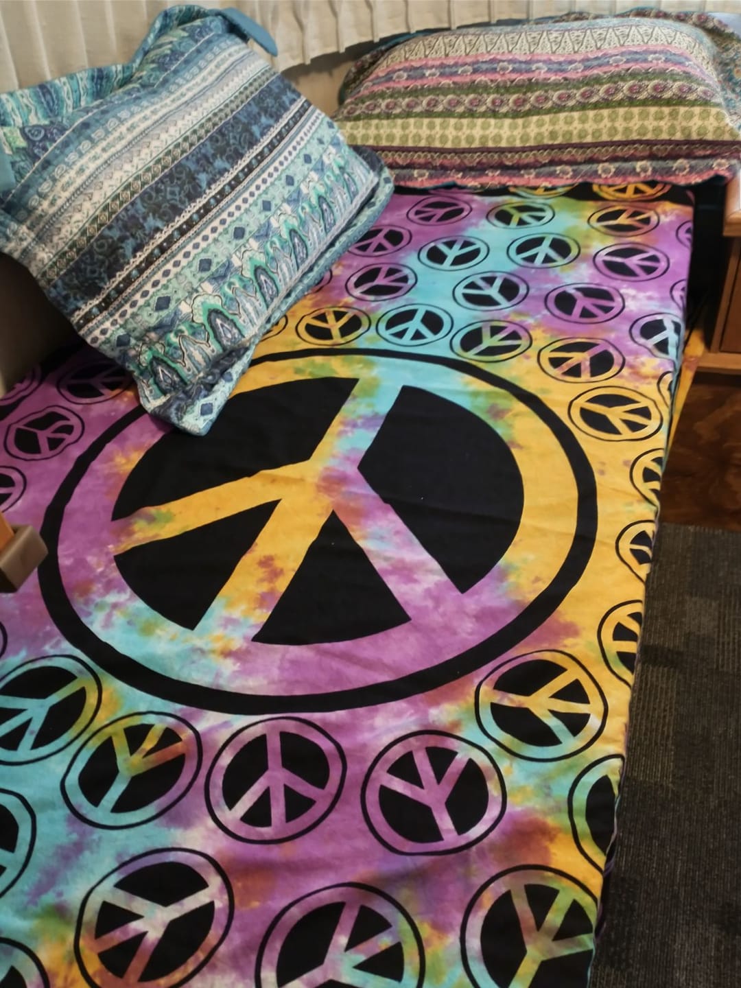 Customer photo review of Peace Sign Tie Dye Tapestry