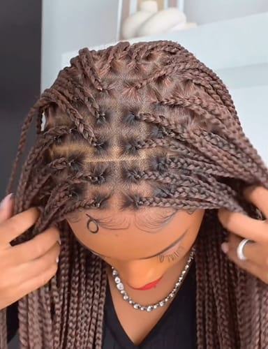 Customer photo review of Kora - Pre Bleached Human Hair Lace Lightweight Knotless Swiss HD Lace Box Braided Wig 100 Strands