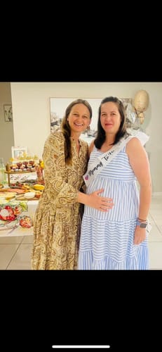 Customer photo review of Shirley Maternity Tiered Maxi Dress in Blue Stripe