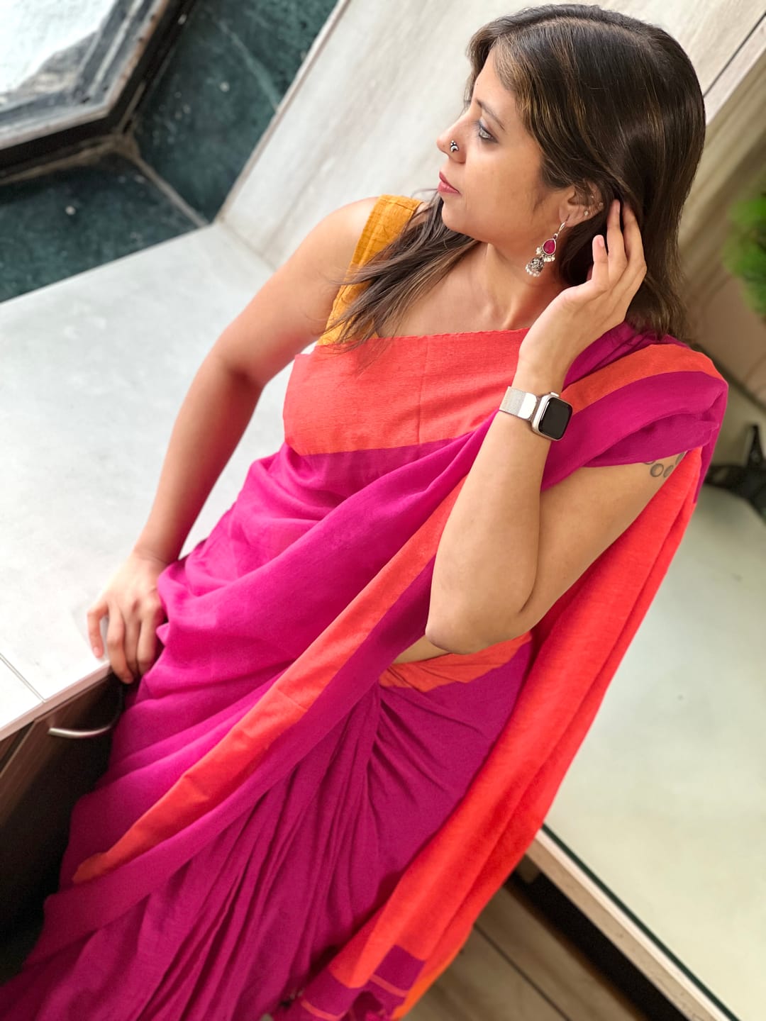 Customer photo review of Pink Orange Soft Cotton  Saree