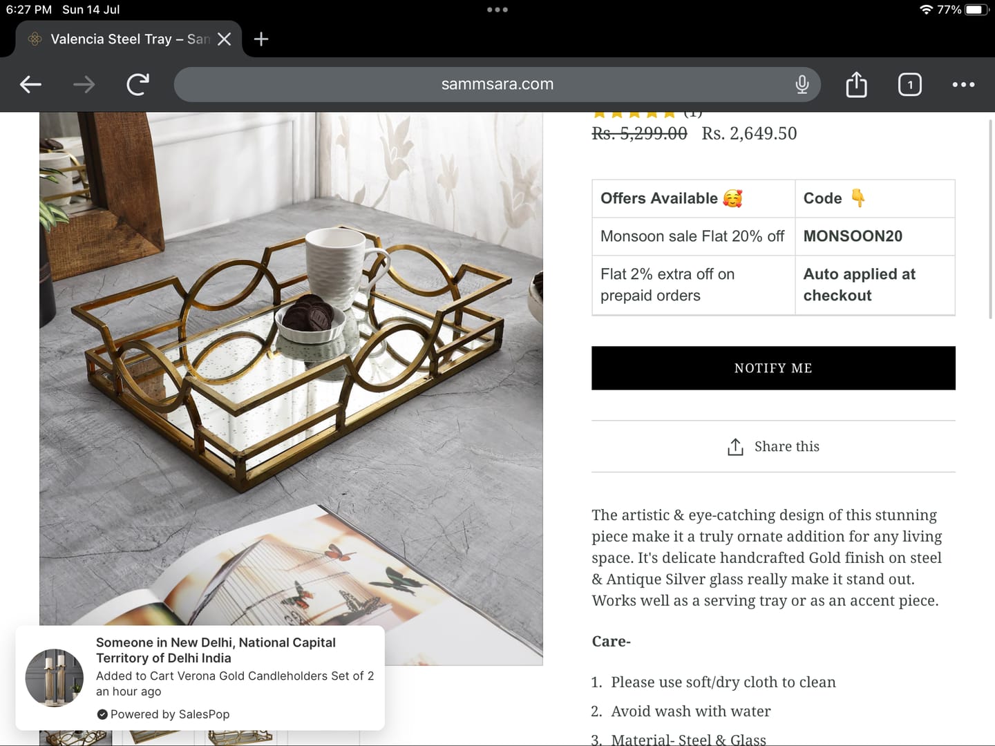 Customer photo review of Valencia Steel Tray