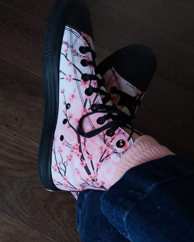 Customer photo review of Cherry Blossom High Tops ( Black or White Sole )