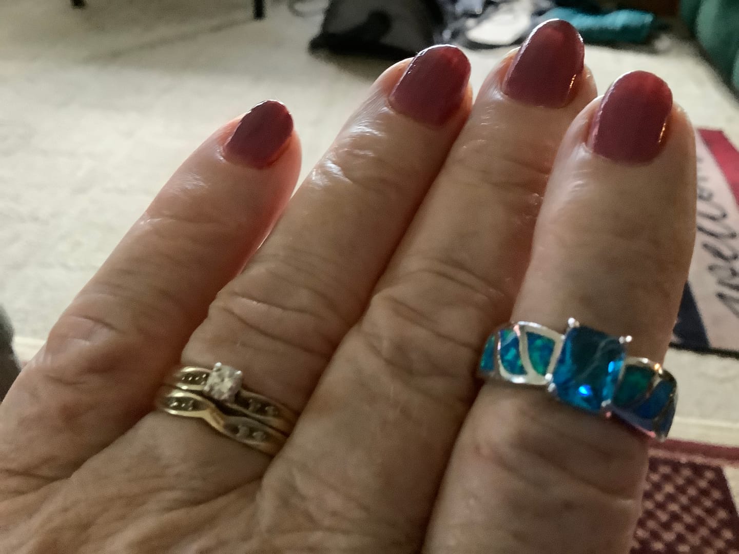 Customer photo review of Blue Fire Opal Rectangle Ring