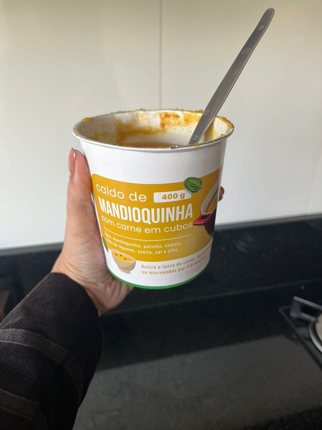 Customer photo review of Caldo de mandioquinha com carne em cubos