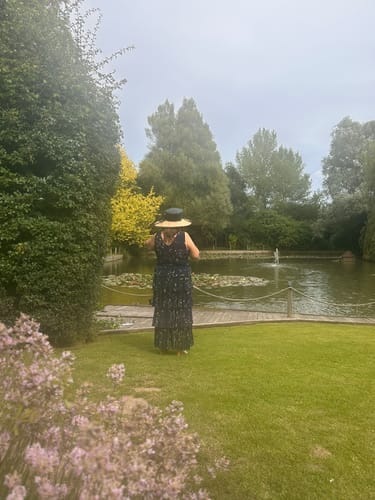 Customer photo review of Tiered Hem Mesh Maxi Dress, Navy Multi