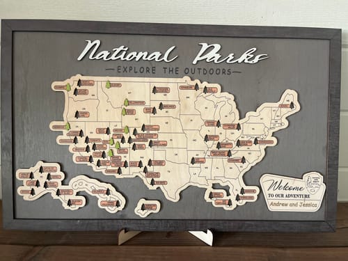 Customer photo review of US Wooden National Parks Travel Map With Trees To Record Park Visits (Light Grey)