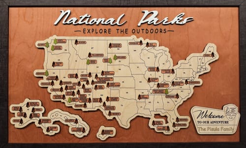Customer photo review of US Wooden National Parks Travel Map With Trees To Record Park Visits (Light Walnut)