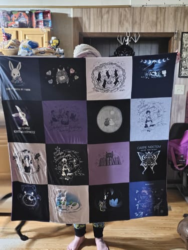 T-shirt quilt with anime, fantasy themes by Courtney from VA