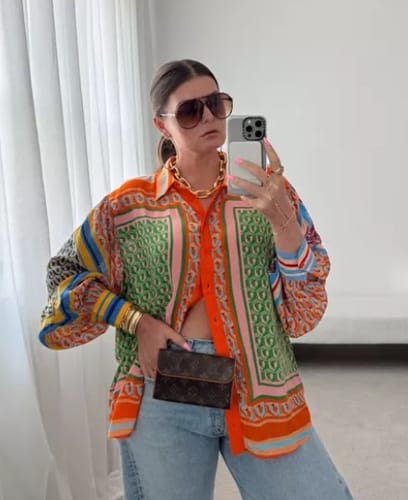 Customer photo review of Brazil's Joyful Spirit Colorful Unique Print Balloon Sleeve Button Shirt