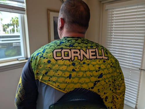 Customer photo review of Maxcorners Mahi-mahi Fishing Skin Fishing Pattern Circle Premium Art Sport Jersey Personalized Name And Team Name Long Sweat Shirt