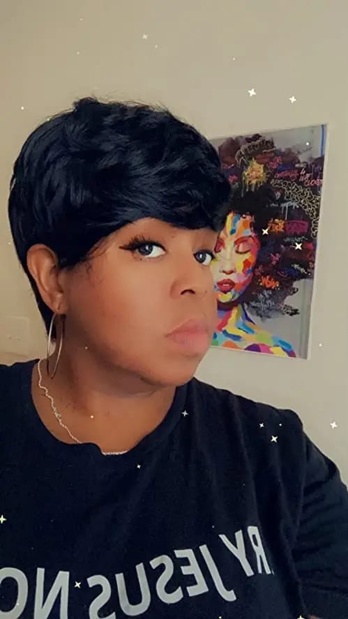 Customer photo review of Luvwin Classic Pixie Cut Style Wig With Layered Bangs For Black Women