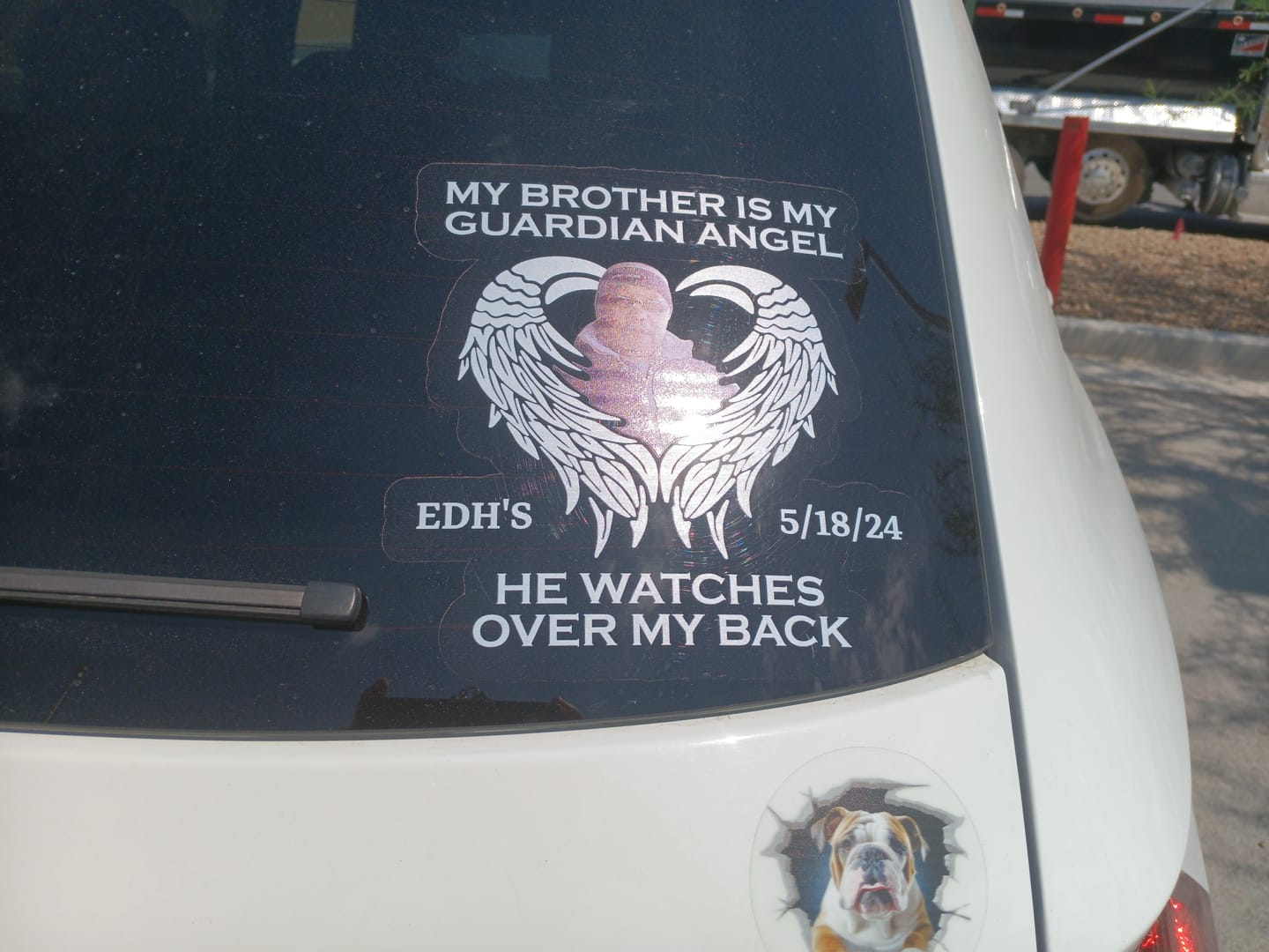 Customer photo review of Memorial Upload Photo Heart Wings, My Dad Mom Grandma Grandpa Is My Guardian Angel Personalized Decal