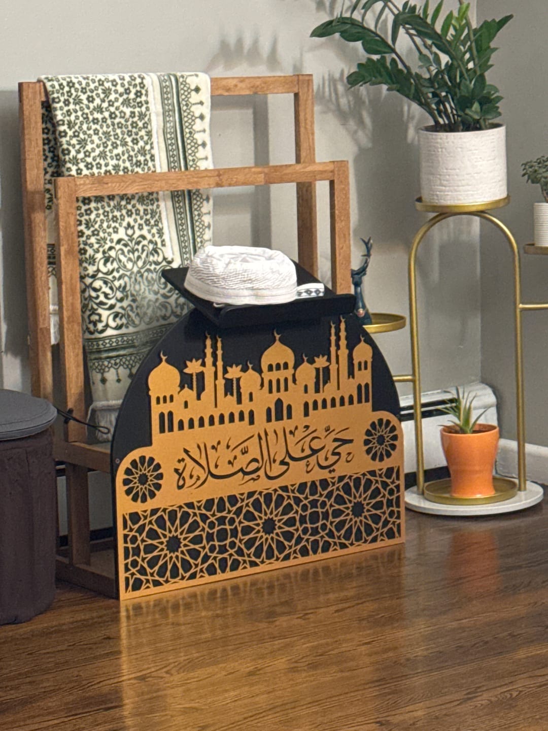 Customer photo review of Prayer Rug Holder - Wooden Prayer Mat Stand and Storage Ideas