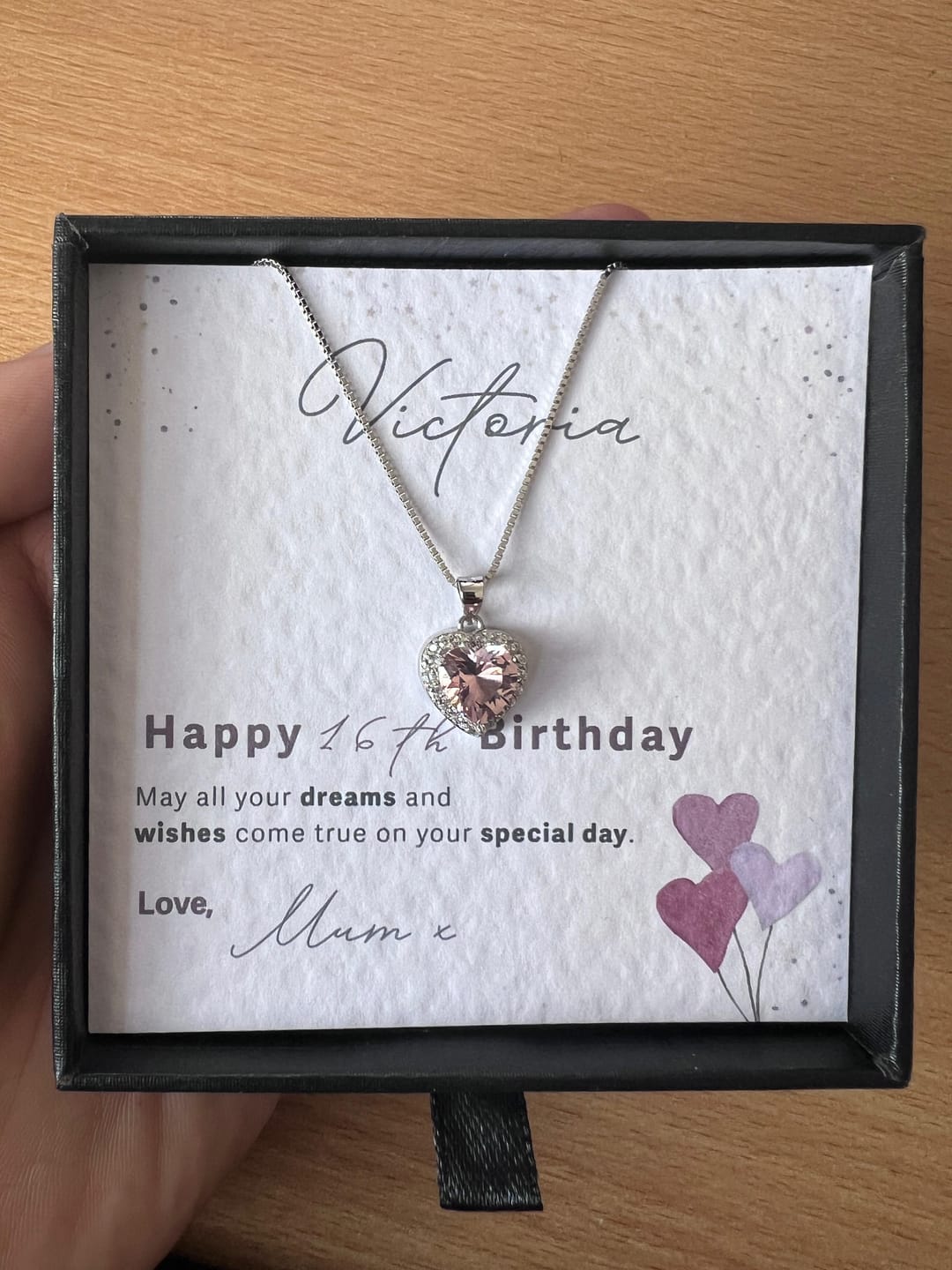 Customer photo review of Customisable Birthday  Pink Morganite Heart Necklace