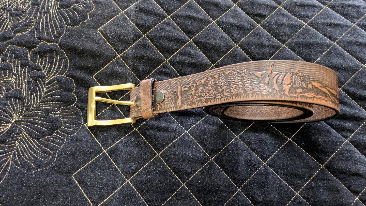 Customer photo review of The Wildlife Belt - Cognac Embossed Full Grain Leather Belt Made in Canada