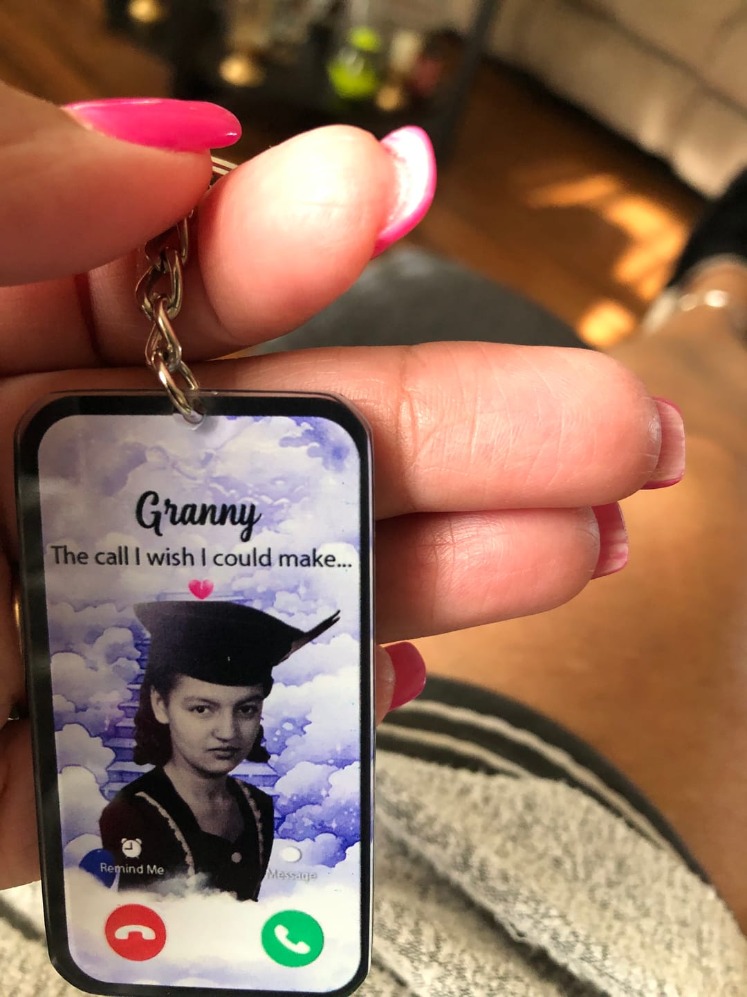 Customer photo review of The Call I Wish Memorial Sympathy Gift - Photo Inserted Different On 2 Sides Personalized Keychain