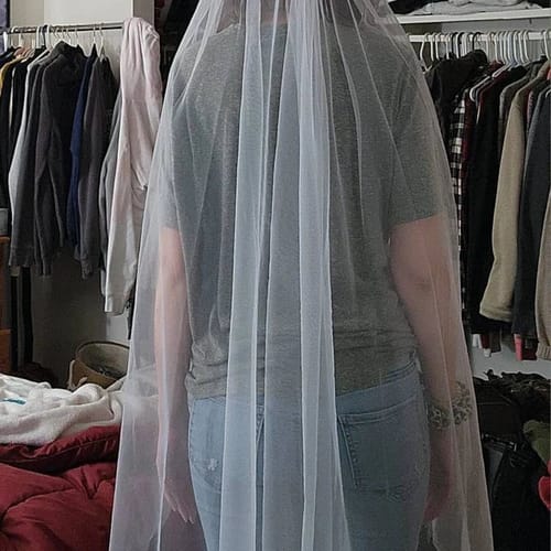 Customer photo review of Raw Edge Cascade Veil: Fingertip to Cathedral Length - PORTIA