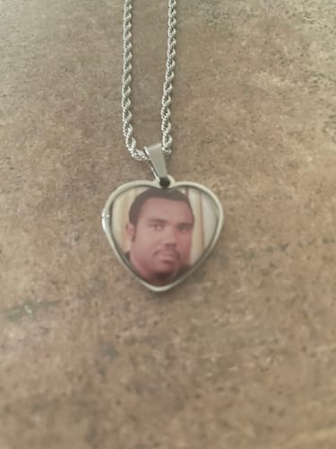 Customer photo review of Custom Engravable Heart Photo Necklace