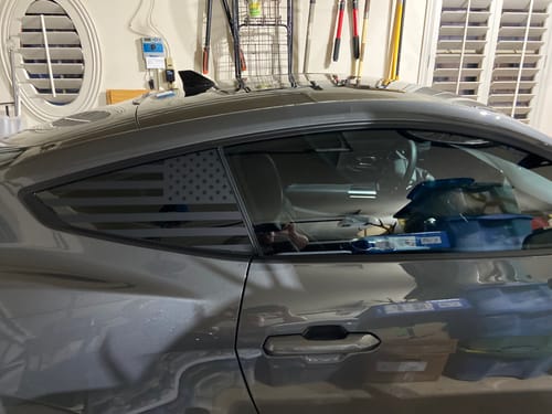 Customer photo review of US flag pre-cut accent decal fits 2024 Ford Mustang quarter windows
