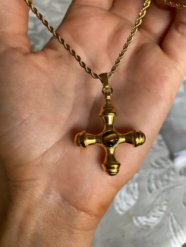 Customer photo review of Tiger's Eye 18k Gold Plated Cross Pendant Necklace
