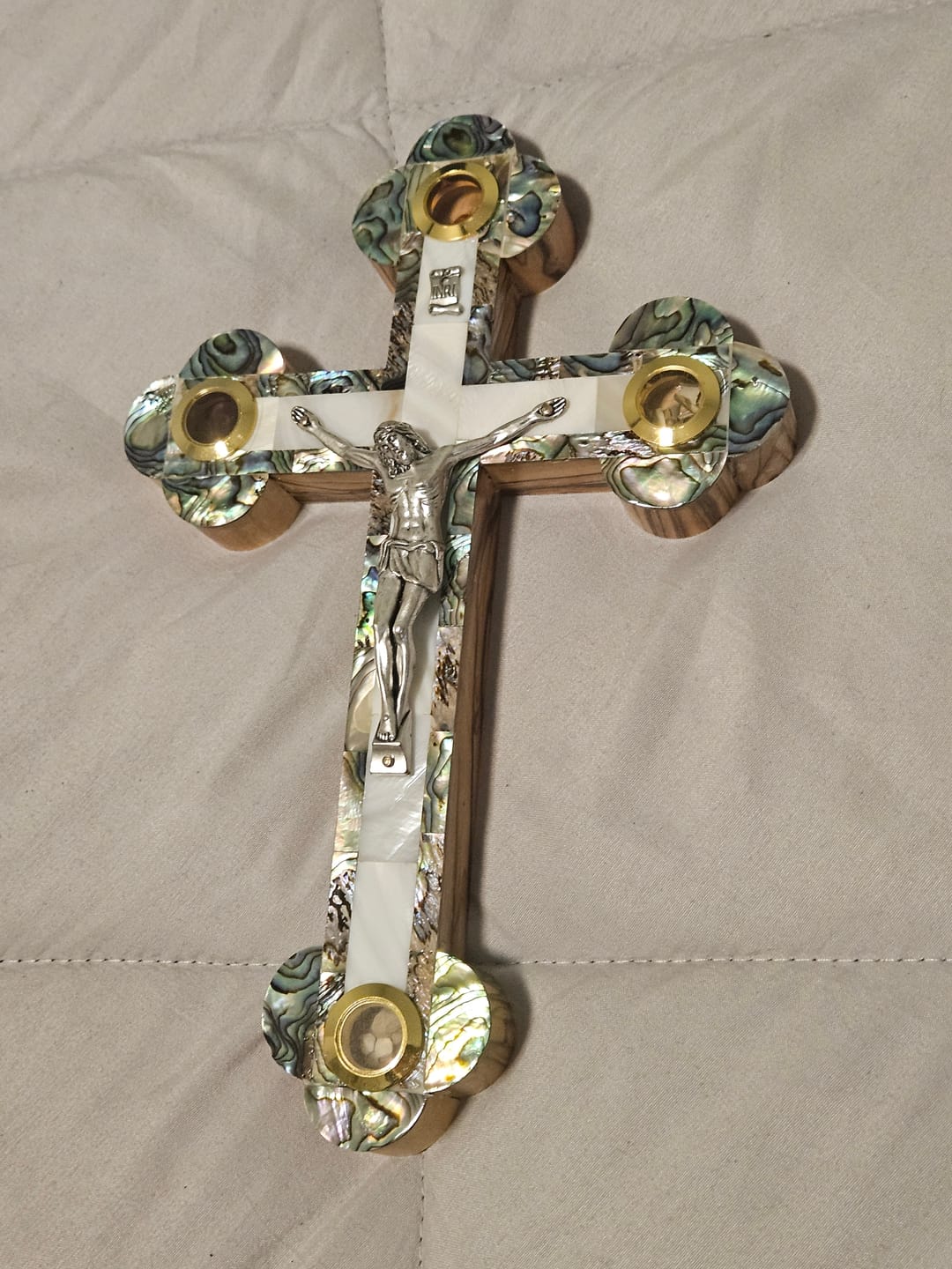 Customer photo review of Olive Wood Crucifix (Fully covered with Mother of Pearl) - Holy Land Crucifixes