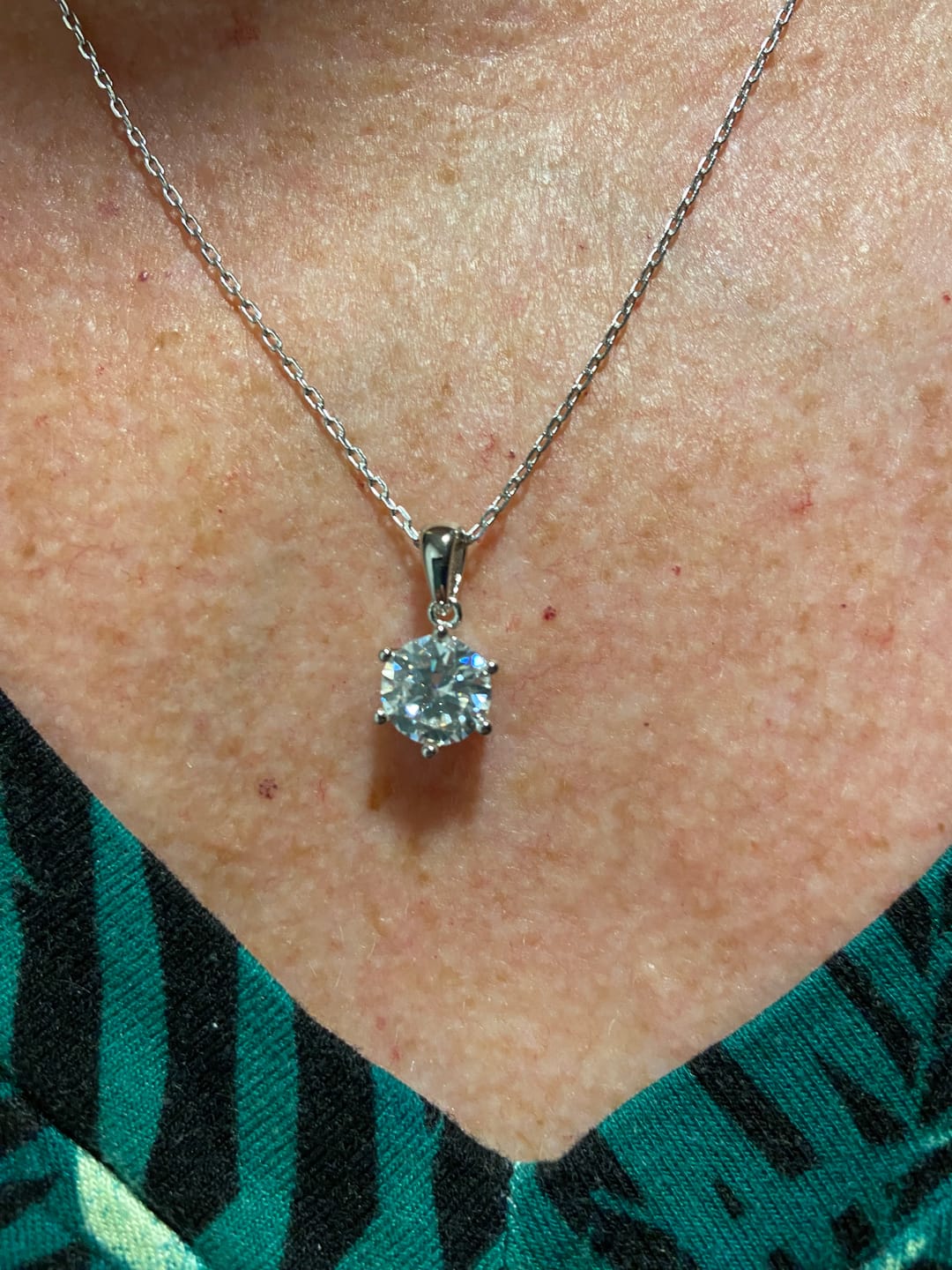 Customer photo review of Solitaire Moissanite Six-Prong Sterling Silver Necklace Pendant