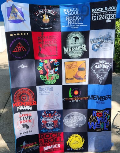 T-shirt quilt with music, rock music themes by Linda from OH