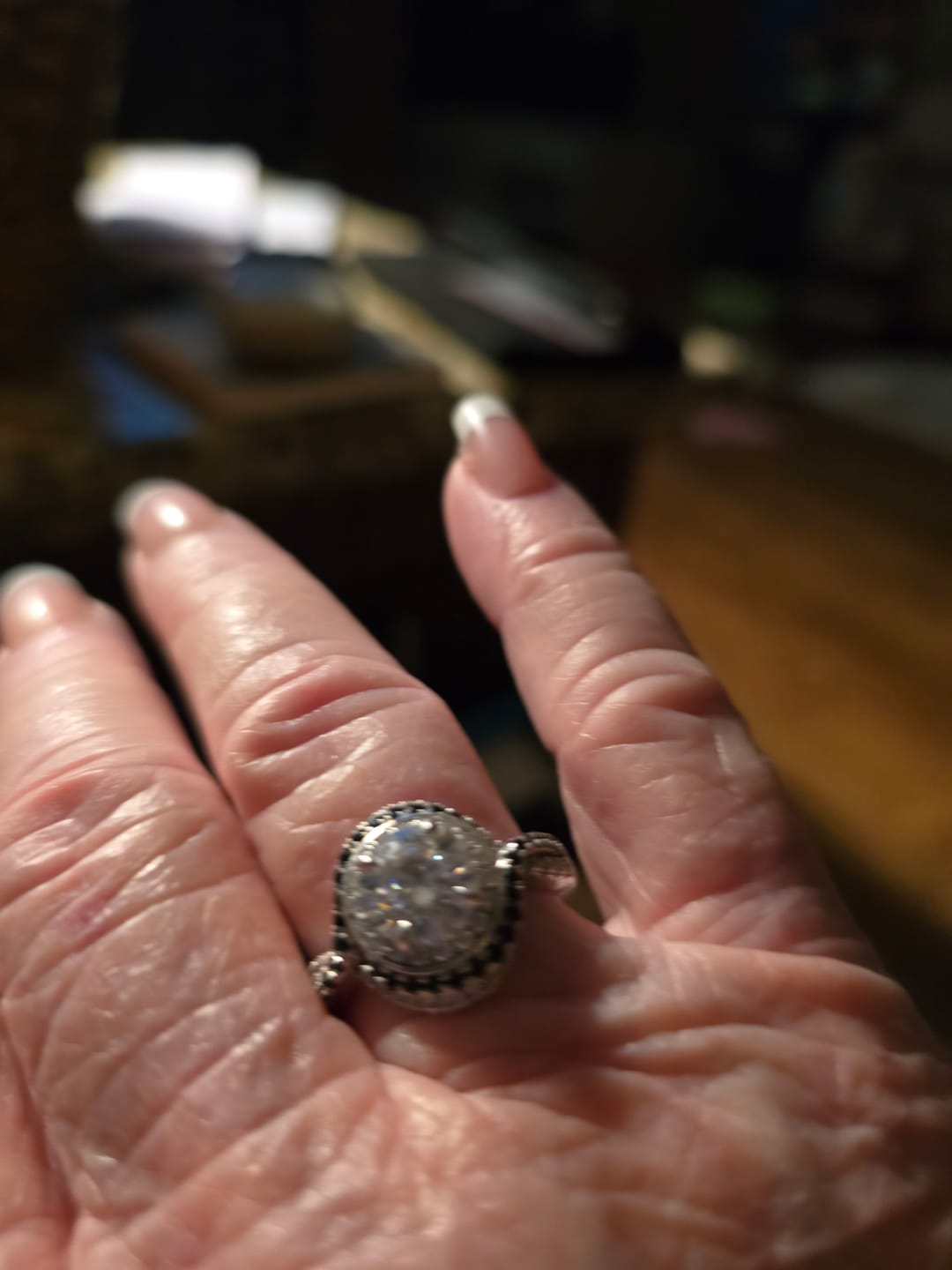 Customer photo review of Double Halo Moissanite Black Pavé Swirl Engagement Ring