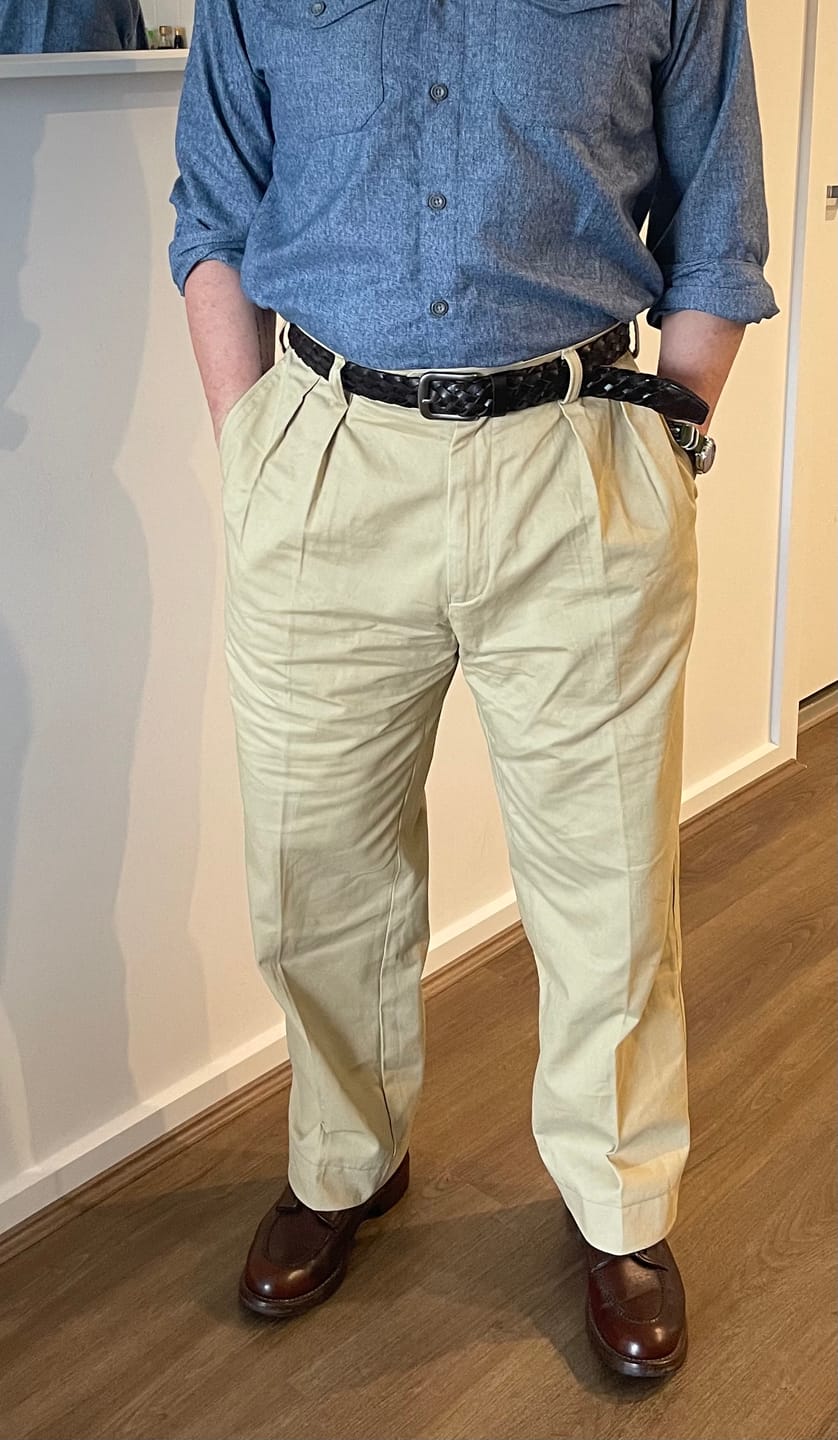 Customer photo review of 1930s IVY Style Double Pleated Chino Trousers - Khaki