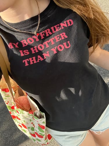 Customer photo review of 'My Boyfriend is Hotter Than You' baby tee