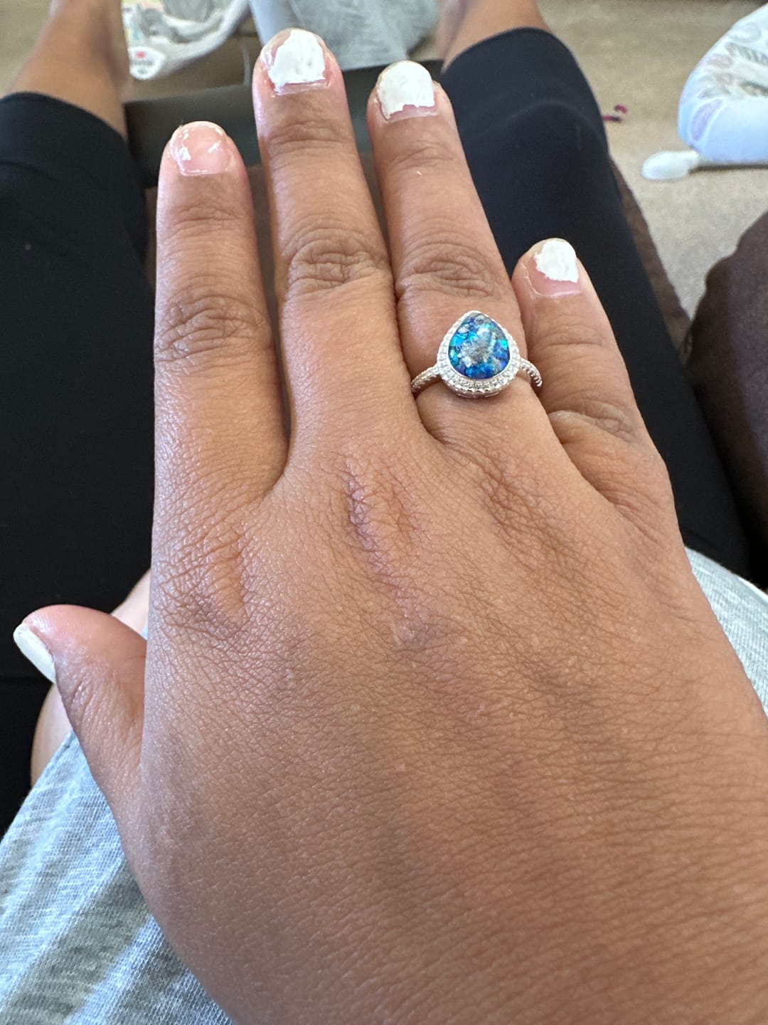 Customer photo review of Bedazzled Pear Opal Ring with Cremation Ashes