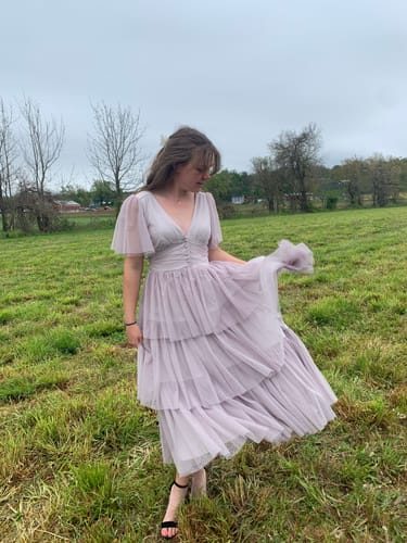 Customer photo review of Lena Graceful V-Neck Swiss Dot Mesh Tiered Dress - Dusty Beige