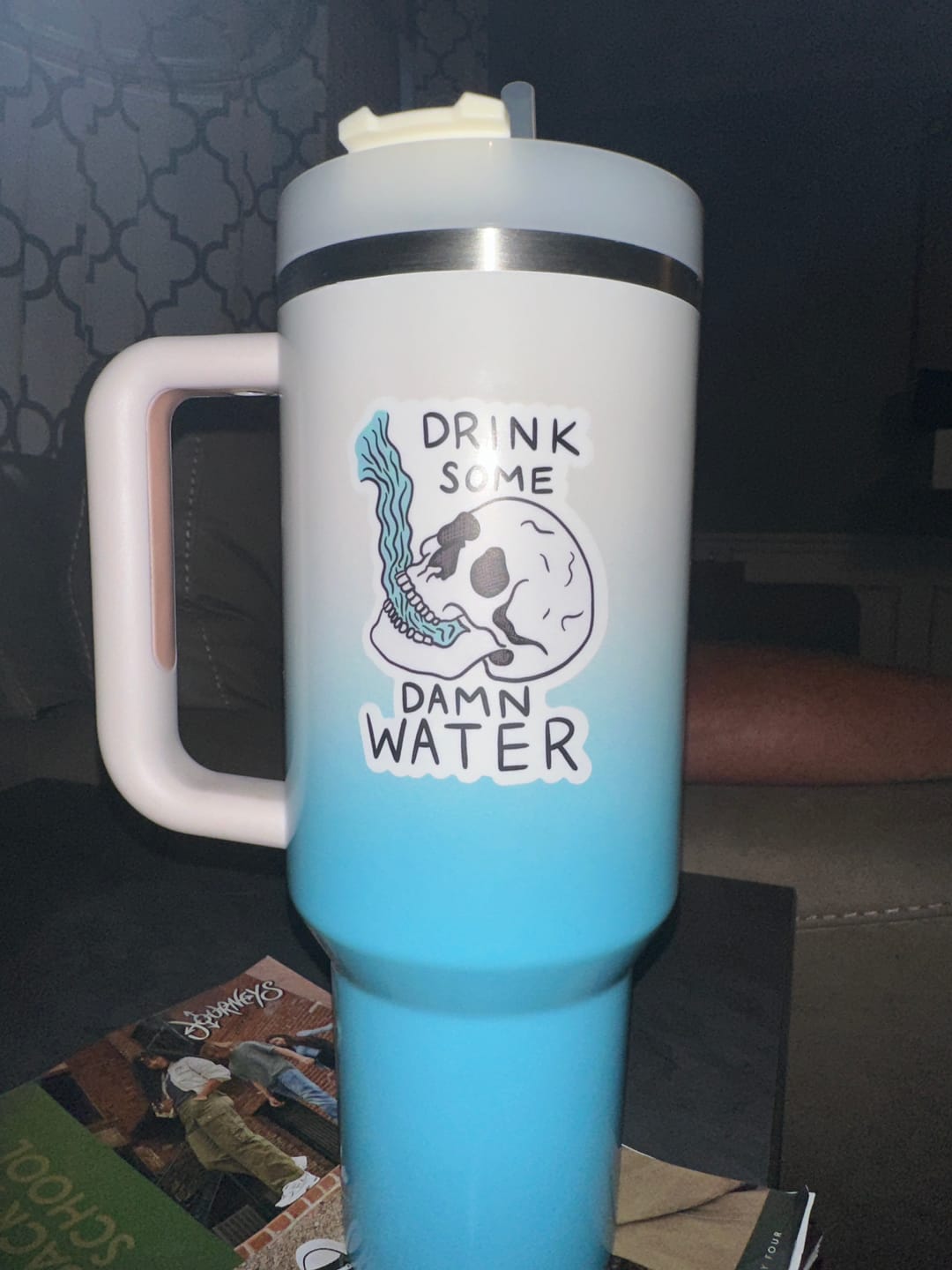 Customer photo review of "Drink some damn water" skull sticker