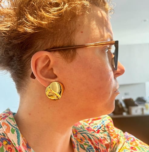 Customer photo review of GOLD DISCUS BUTTON EARRINGS